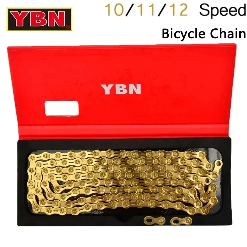 

YBN Ultra-Light 116L/126L Bicycle Chain for 10/11/12-Speed Hollow/Semi-Hollow Design with Magic Buckle Gold/Black Bicycle Parts