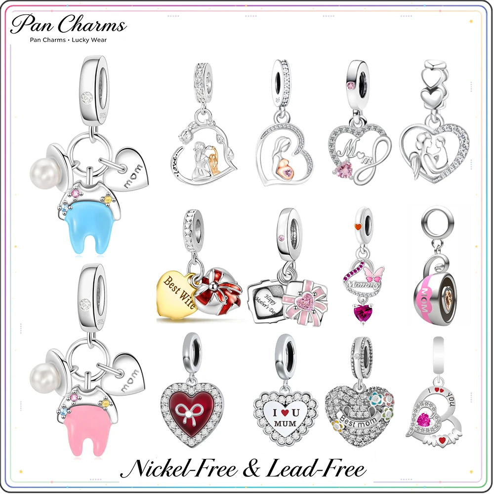 Pan Charms Mother‘s Day Heart Pendant Charm Beads Fit Original Bracelet Jewelry DIY Gift for Mom Love Birthday Anniversary Women