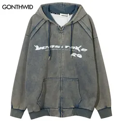 Vintage Oversized Hoodie Coat Streetwear Hip Hop Full Zip Up Washed Hooded Sweatshirt Y2K Men Harajuku Punk Gothic Loose Jackets