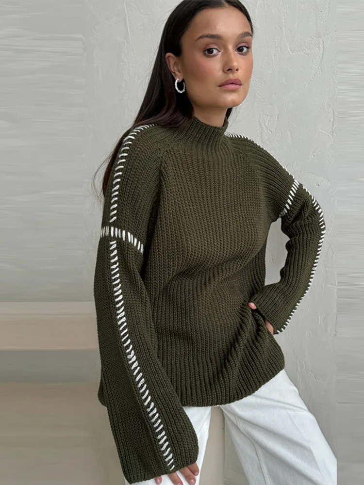 Sweater rajut kontras tambal sulam wanita, Sweater rajutan setengah kerah tinggi lengan panjang longgar musim gugur 2024 elegan baru