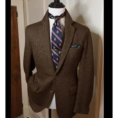 Imagen 2 del producto Blazer de tweed con diseño de espiga para hombre, estilo vintage británico, corte ajustado, chaqueta de traje, mezcla de lana, abrigo formal con pañuelo de bolsillo, para boda o uso casual.