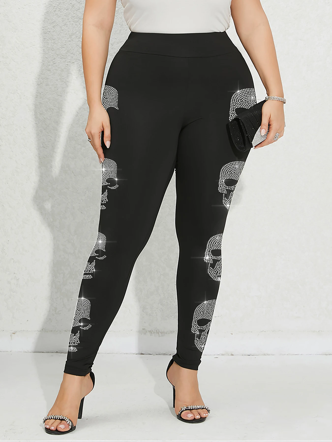 Pantalones de talla grande para mujer, Leggings con patrón de esqueleto y diamantes de imitación, mallas deportivas elásticas para gimnasio, ropa informal juvenil para mujer, Invierno