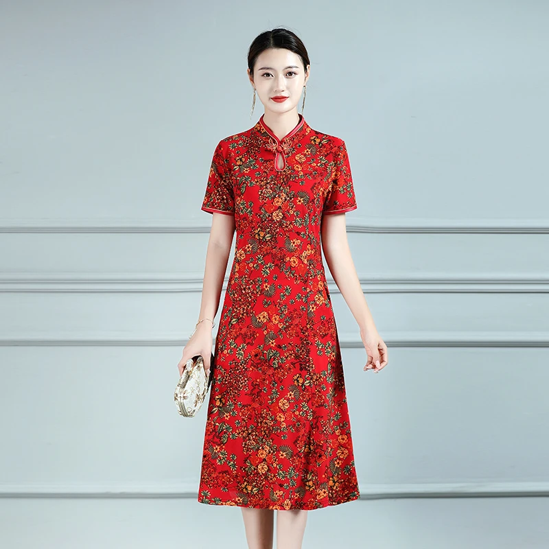 

New Print Flower Dress Women Short Slim Cheongsam Chinese Traditional Stretch Dress Rayon Qipao Vestidos