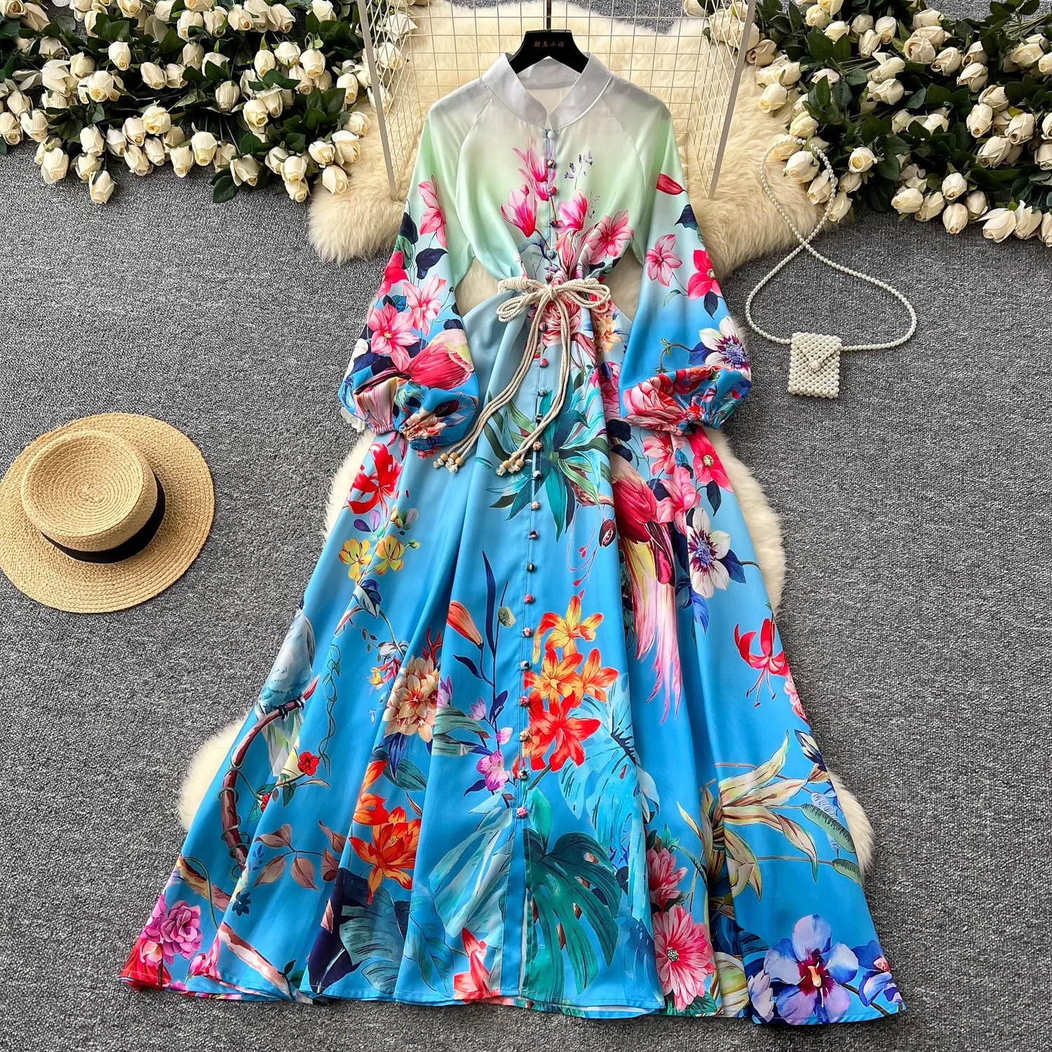 Autumn Bohemian Luxious Print Robe Dress Flower Linen Clothing Women's Stand Long Lantern Sleeve Belt Buttons Down Maxi Vestidos