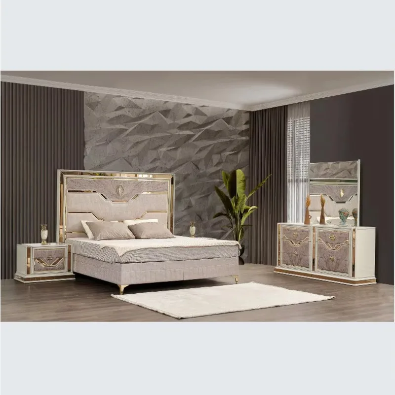 #Modern Style 4 Pc Queen Upholstered Bedroom Set With Wood And Gold Accents In Beige For Hotel Use