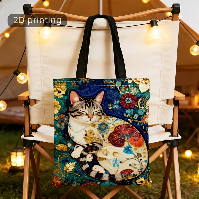 Vintage Oil Painting Style Sleeping Cat Floral Handbag Print Unisex Tote Bag for Daily Commute Casual Occasions Storage Pouch