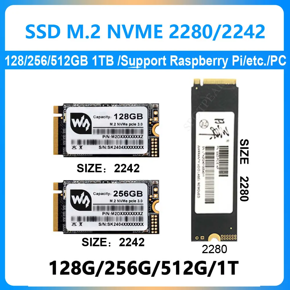 

Твердотельный накопитель M.2 NVMe SSD 2280/2242 128/256/512 ГБ 1 ТБ для Raspberry Pi 5/ПК/ноутбуков/настольных компьютеров и т. д.