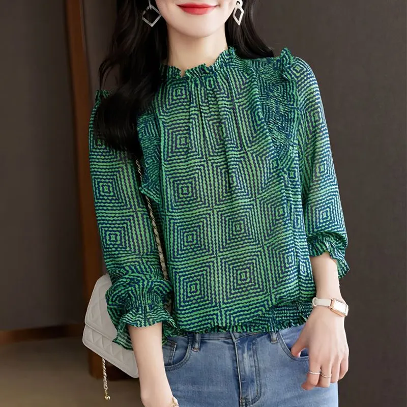 

Commute Geometric Printed Shirt Elegant Folds Female Clothing Stylish Ruffles Spliced Shirring Spring Autumn Long Sleeve Blouse