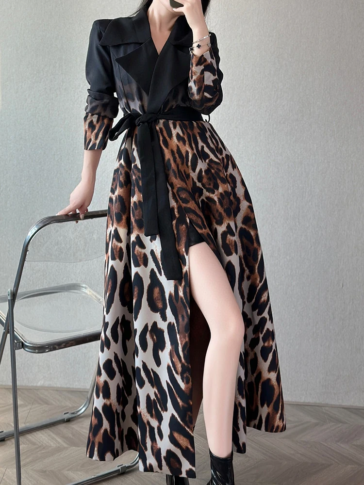 TWOTWINSTYLE Hit Color Leopard Printting Streetwear Midi Dress For Women Notched Collar Long Sleeve Spliced Sashes Dress Femal