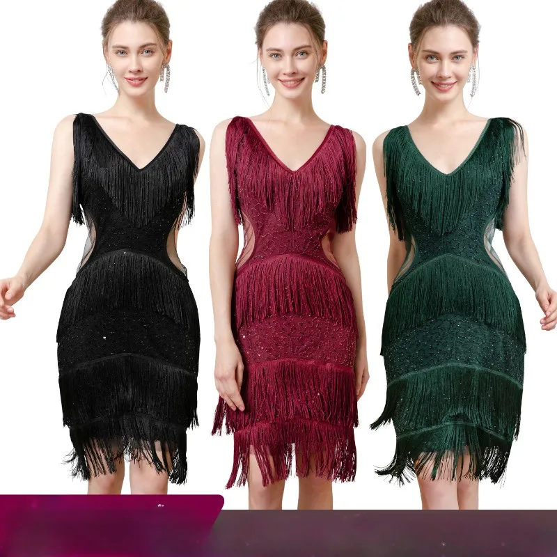 

Retro 2024 New Gatsby Ball Tassel Dress Cocktail Party Sequin Beaded Dance Dress Halloween Sexy Dress Women Dance Clothes Women