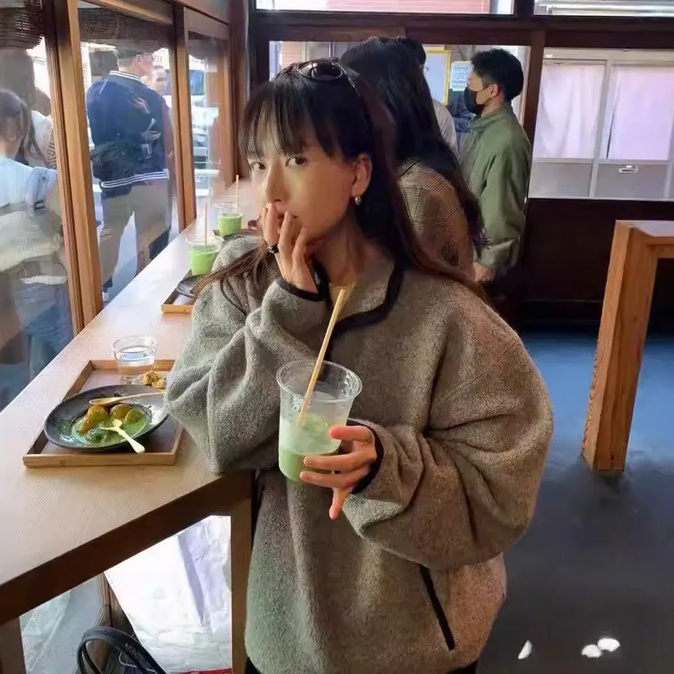 Sweat à capuche coréen en mélange de laine pour femmes, coupe ample, Jaet f, fermeture éclair, cercle Fce, Texture aérienne, vêtements d'extérieur