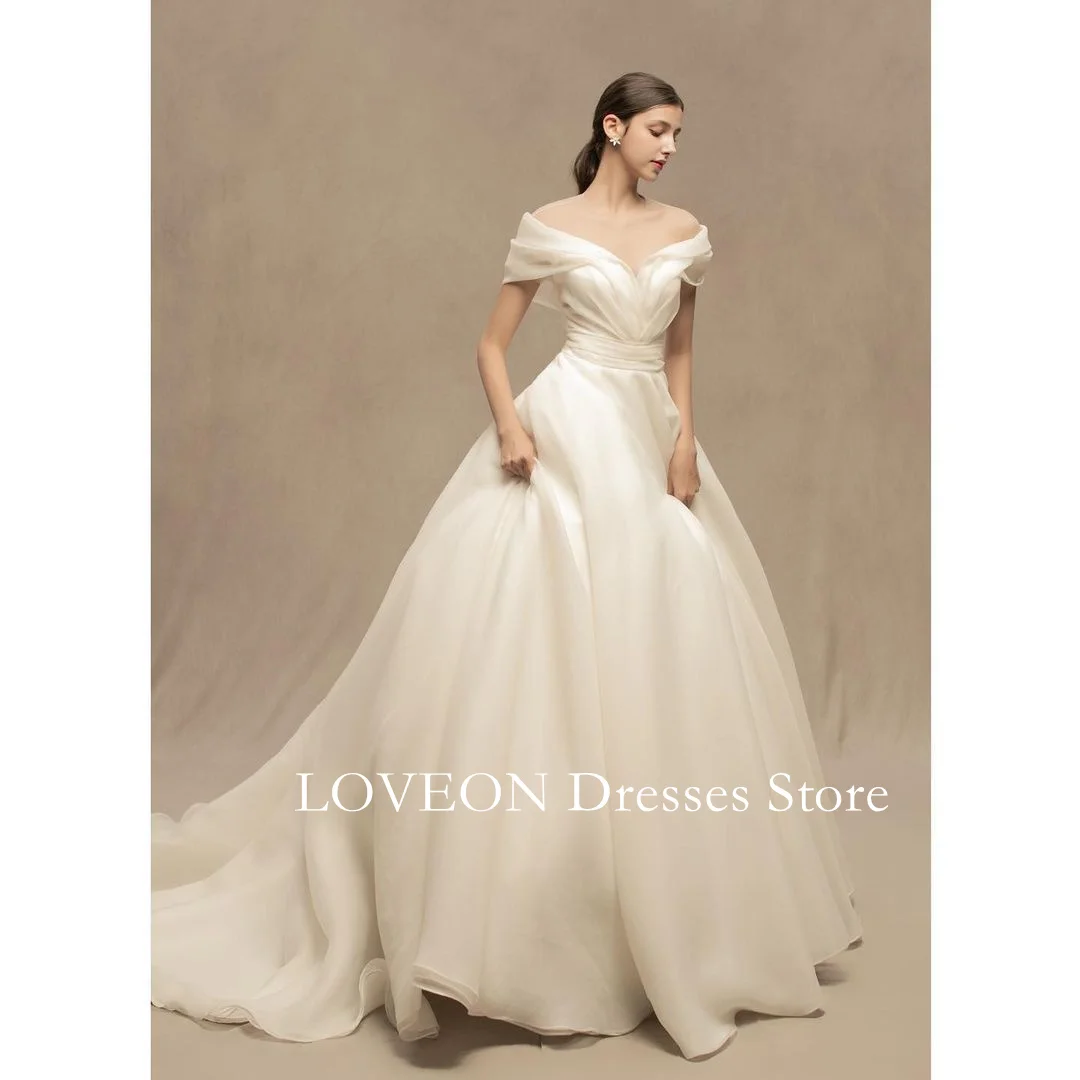 

GIOIO Off Shoulder Korea Sleeveless Wedding Dresses Corset 프롬드레스 A-Line Ruched Organza Simple Bride Gowns Party Women Bride