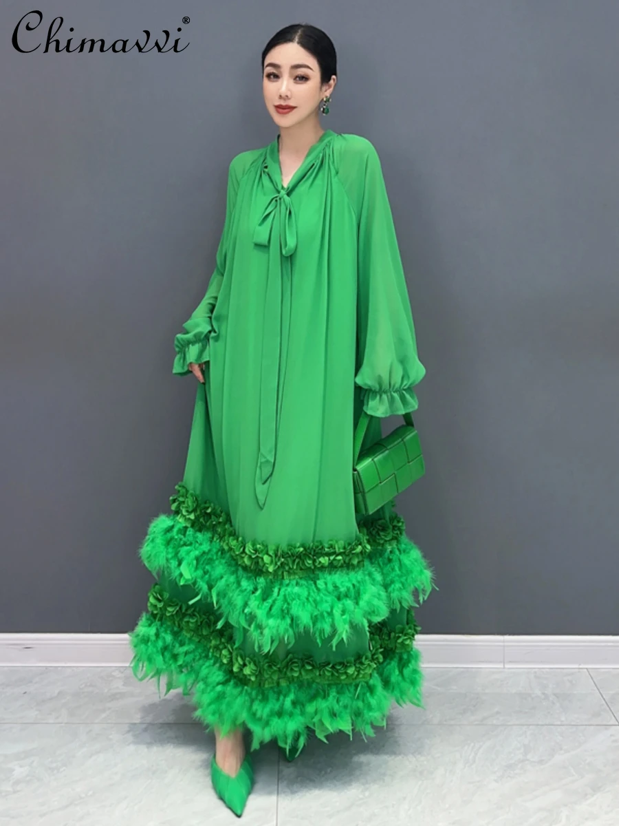 

2024 Spring Summer New Heavy Chiffon Long Sleeve Large Swing Dress Fashion Feather Fungus Loose Elegant Women's Party Dress