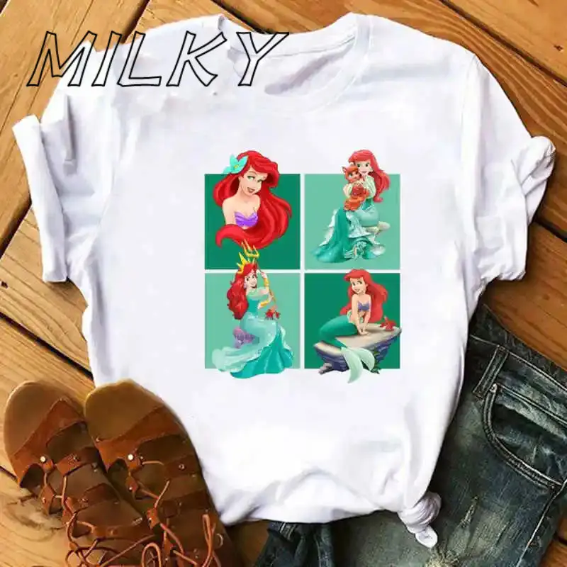 

High Quality Women's Little Mermaid Ariel Princess Pattern Printed T-shirt Summer Ladies O-Neck Loose Short Sleeve Tee Y2k Style