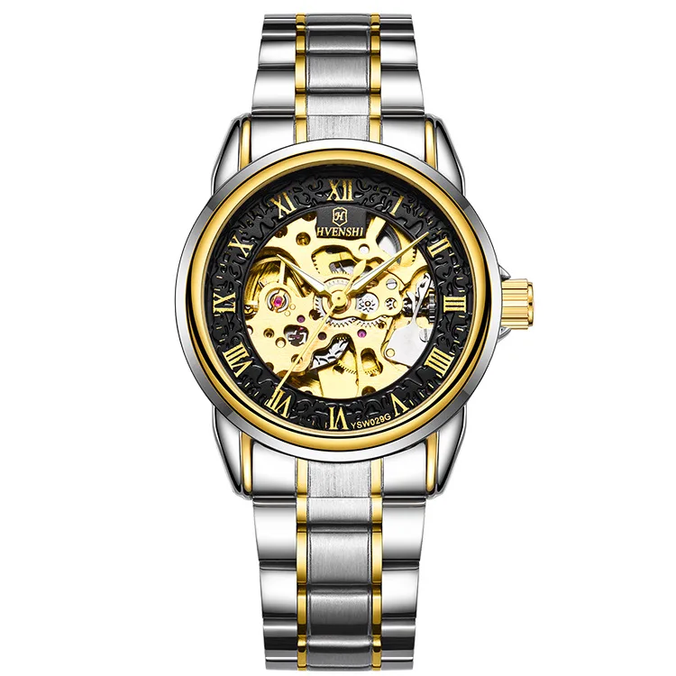 Men Double Sided Skeleton Automatic Mechanical Watch, Two-tone Steel Band Korean Style Business Gift Wristwatch
