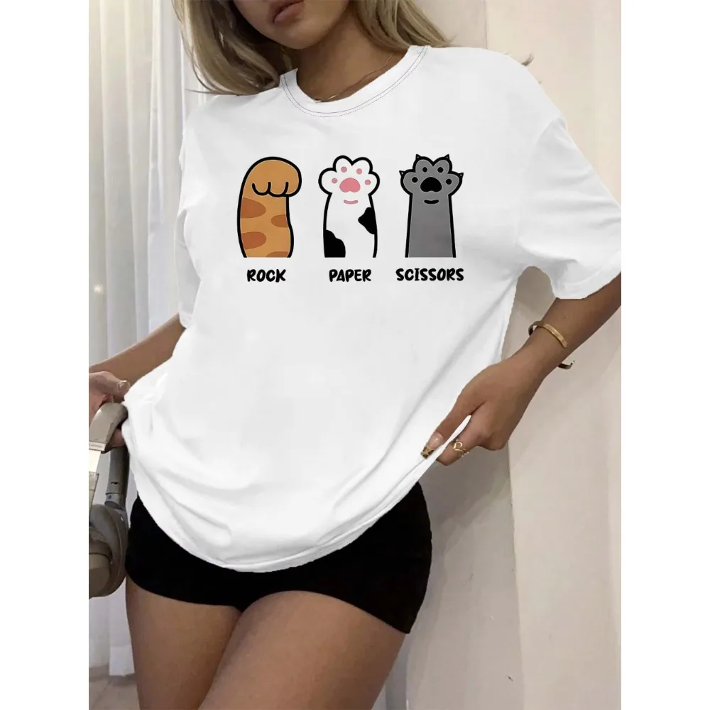 Women's Casual Short-sleeved Tops Printed with Rock-paper-scissors and Cat Paw Patterns.women Clothing Fashion Summer Streetwear