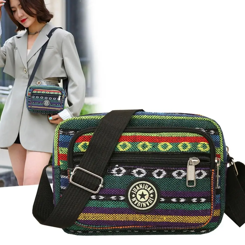 

Large Capacity Bohemian Crossbody Bag Embroidery Multi-layered Stripe Shoulder Bag Colorful Ethnic Style Weave Oxford Bag Women