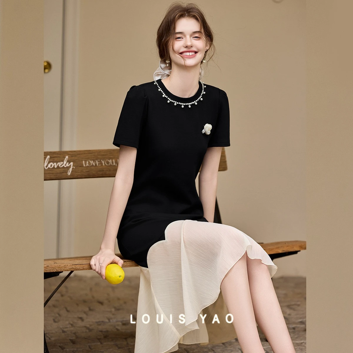 

Summer Retro Nail Bead Long Dress Needle Shuttle Knitted Curved Bottom Women's Dress with Detachable Brooch Female Clothing