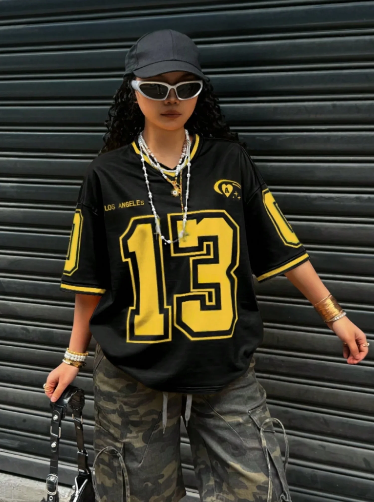 Los Angeles Numero 13 Stampa Moda Donna T-shirt a maniche corte con scollo a V T-shirt estiva Maglie da baseball T-shirt sportiva oversize quotidiana