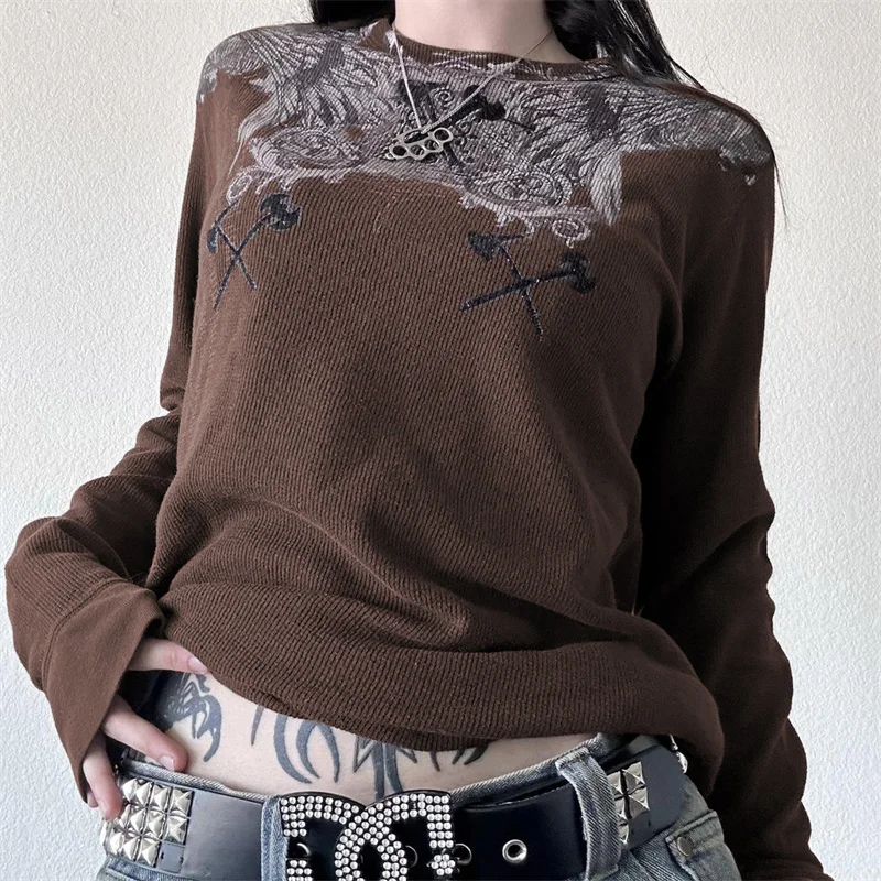 Camisetas Grunge Y2K para mujer, camiseta gótica con estampado de calavera de manga larga, Top Vintage de hada Grunge, ropa Punk, ropa de calle