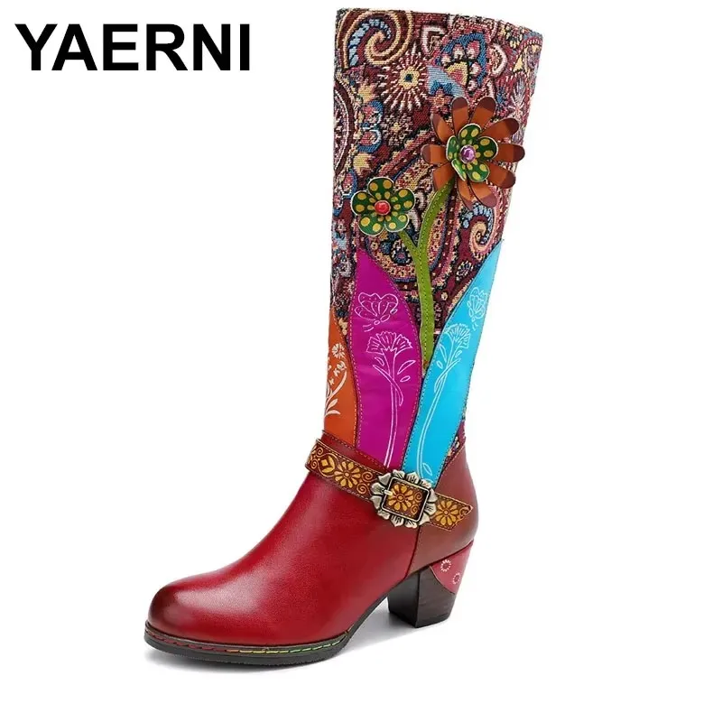 

2025 Embroidery Riding Boots Women Genuine Leather Zip High Heels Knee High Boot Vintage Long Shoes Lady Fall Size 42