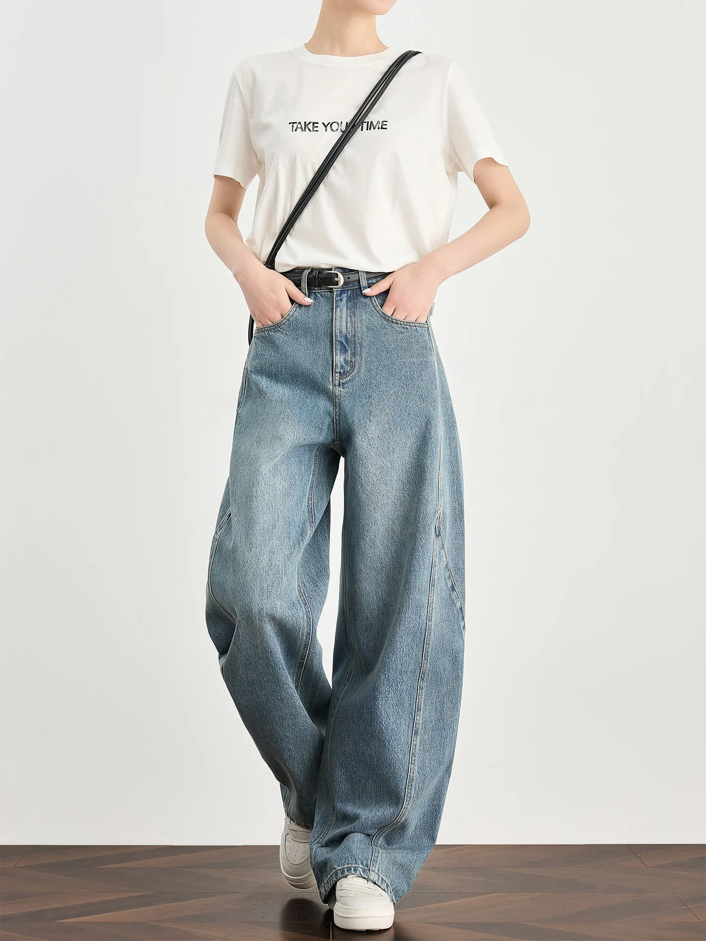 

High Waist Wide Leg Jeans Blue Bananas Pants Extended Length Thin Fabric FAESSLIN Commuter Style Summer Jeans for Tall Women