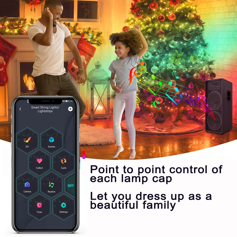 Guirnalda de luces LED RGBIC para decoración de árbol de Navidad, guirnaldas LED inteligentes con Bluetooth, Control por aplicación USB, luces de