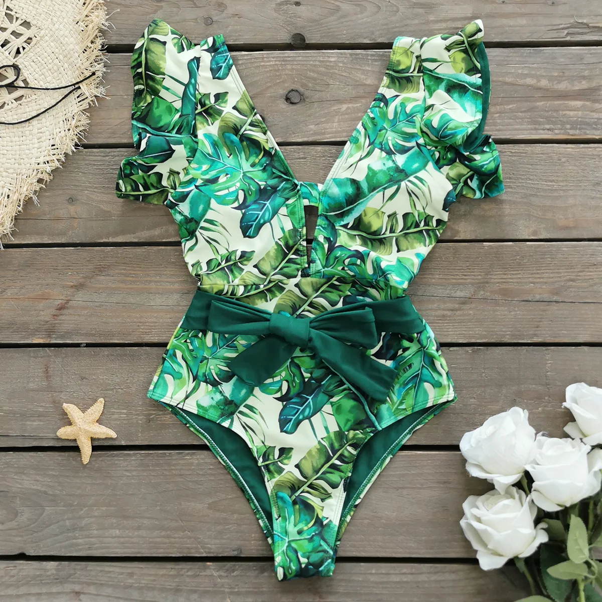 Sexy Ruffle Shoulder Women One Piece Swimsuit 2024 Style New Blue Printed Mujer Bodysuit Swimwear Belt Women Bathing Bodice