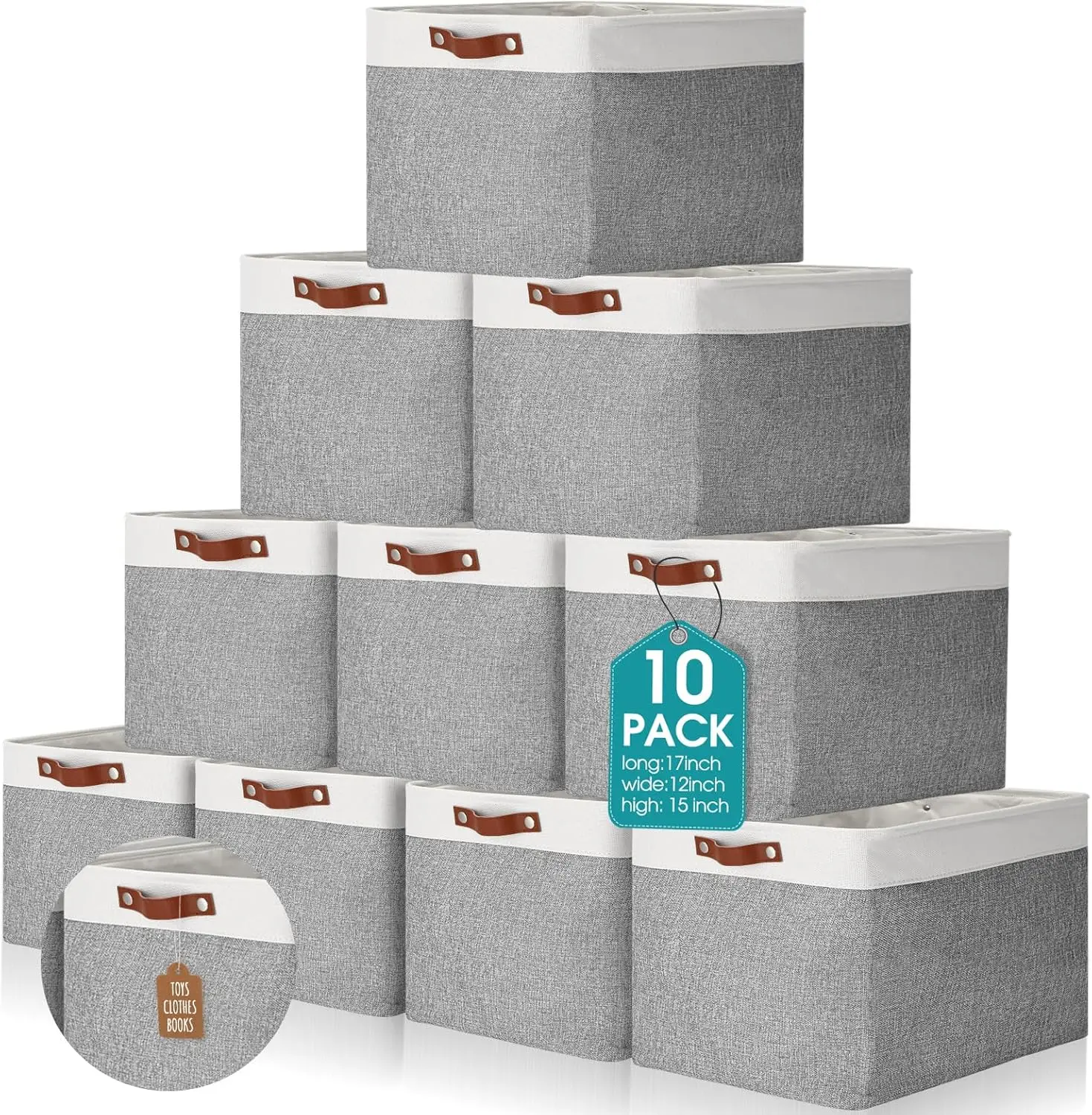 

10 складных корзин для хранения с ручками, тканевые складные контейнеры для дома, шкафа, полок, игрушек (17x15x12 дюймов, серо-белые)