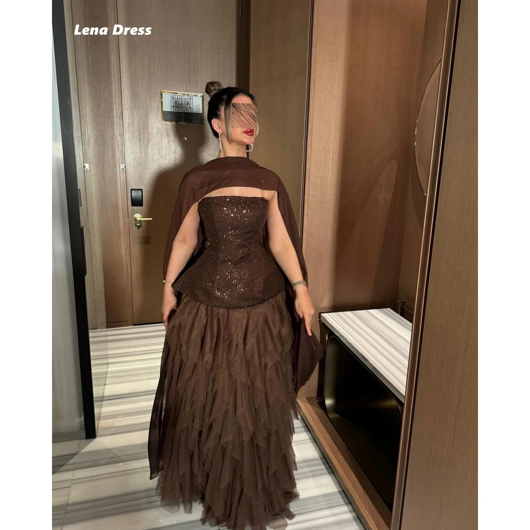Lena Abendkleider für Damen, elegante Partykleider für Damen, 2025, maßgeschneidert, braun, glänzend, Schal, mehrschichtig, Luxus-Abschlussballkleid 2025,