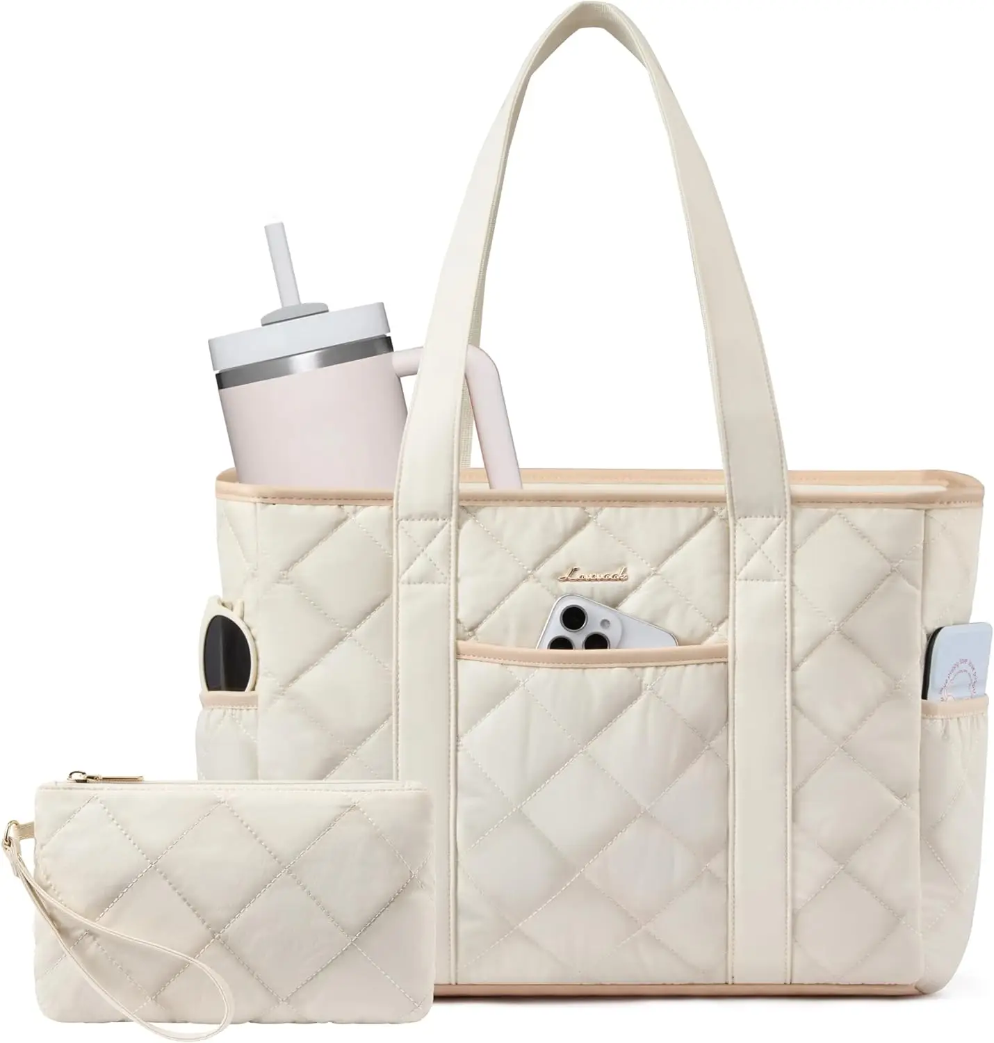 

Quilted Tote Bag with Cup Holder and Zip, Women's Work Shoulder Bag, Perfect Gift for Her