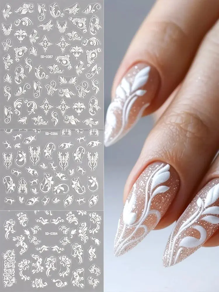 Autocollant pour Nail Art en dentelle blanche en relief 5D, feuille florale en acrylique, breloque papillon, curseur adhésif 10x8cm, décalcomanies de manucure