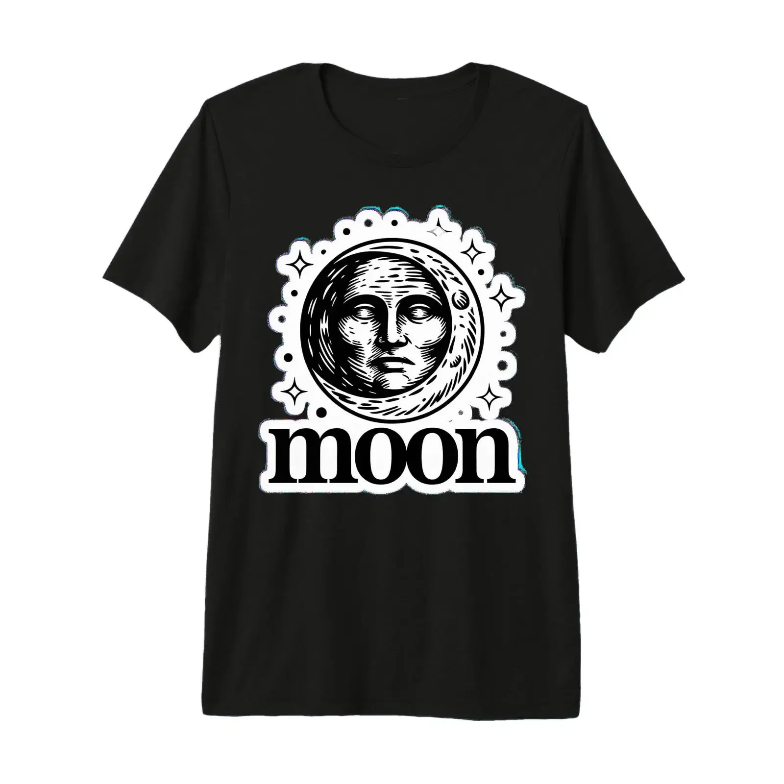 Motif Lune Visage Céleste Vintage Croissant de sur Bois T Shirt Haut Gamme vintage Washed Breathable fashion Slightly