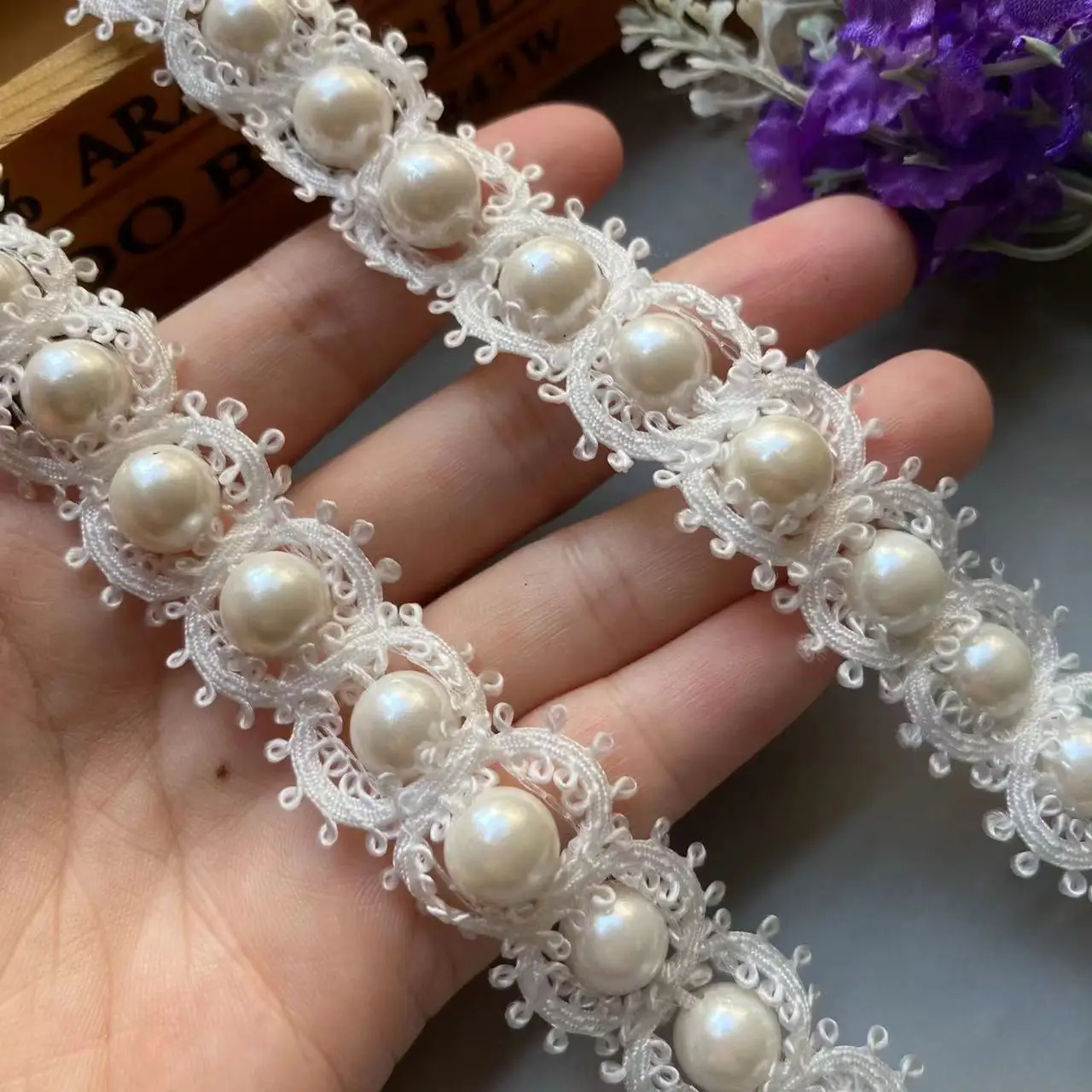 

1 Meter 2.3CM Ivory Nylon Lace Ribbon Strip Trim Pearl Beaded Fabric Embroidered Applique Sewing Craft Crochet Wedding Clothes