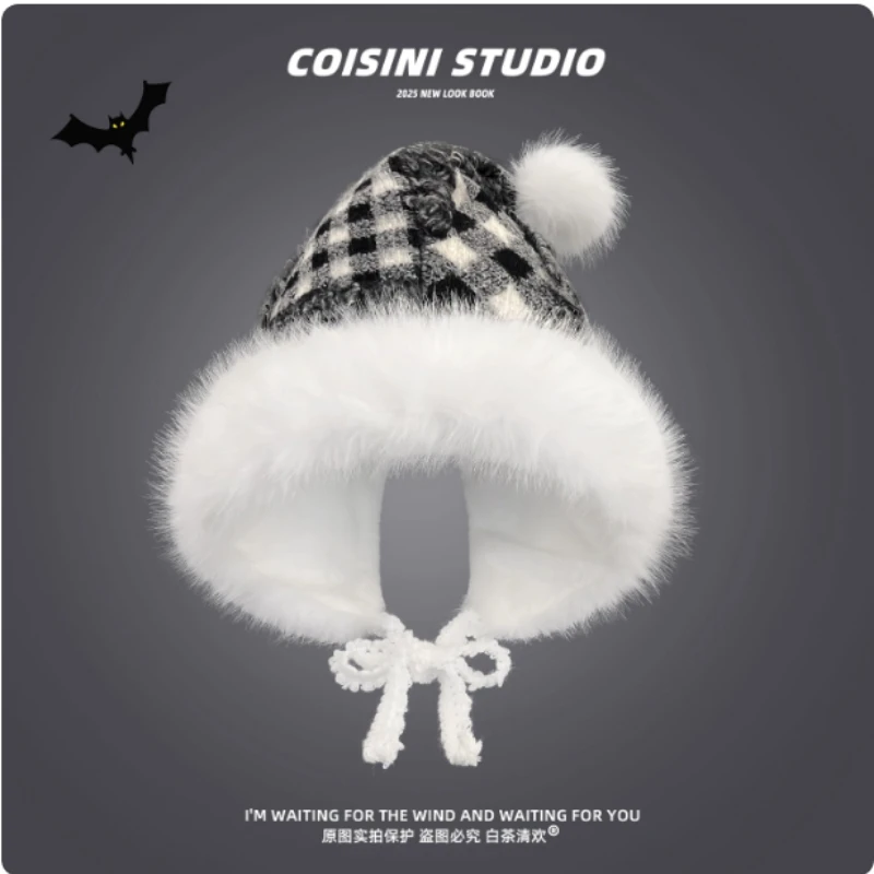 

Winter Fleece Plush Pullover Hat Women's Fashion Plaid Polka Dot Splice Warm Pointed Top Hairball Design Women Bomber Hats