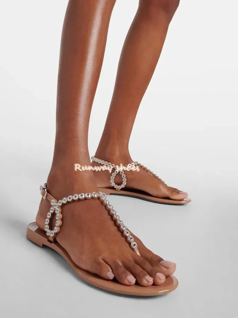 

Round Head Toe Pinching Metal Ring Decoration Women's Sandals Flat Bottom With Openwork Rear Tripwire Luxury Women's Shoes