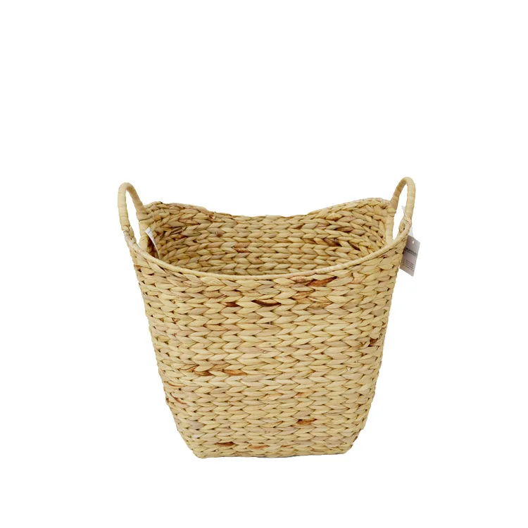 Customized boat shaped natural water hyacinth grass hand woven storage basket for dirty clothes storage basket with handle