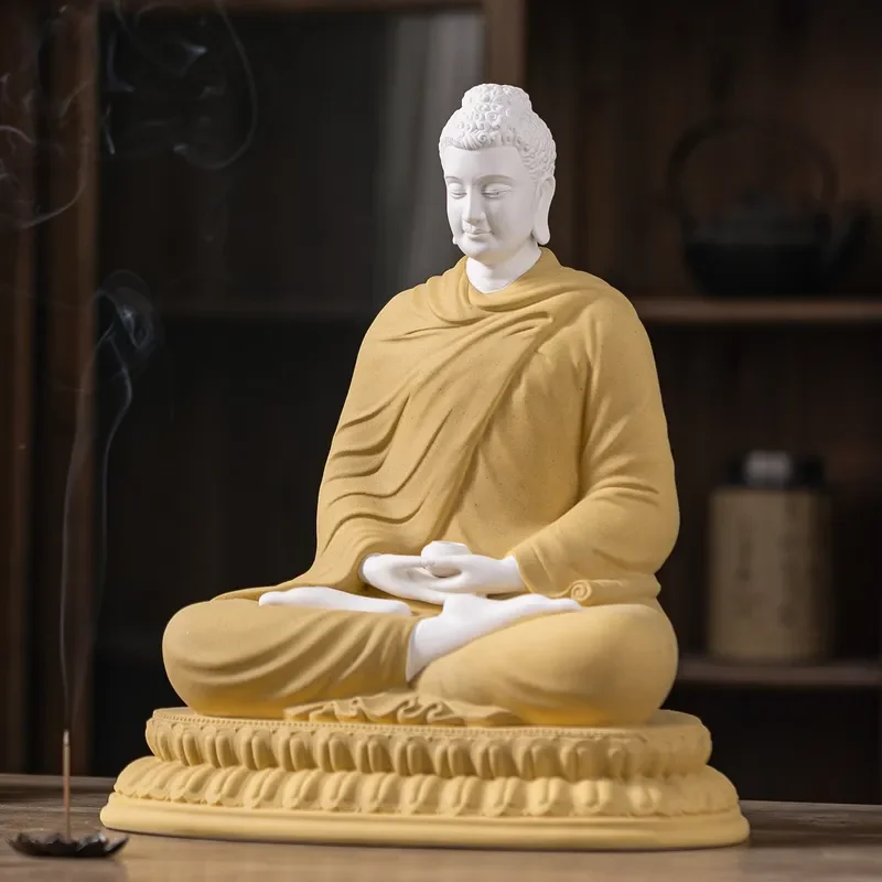 Ceramic Sakyamuni Buddha Statue Lotus Base Zen Meditation Figure Home Office Desk Decor Spiritual Gift Asian Art Ornament