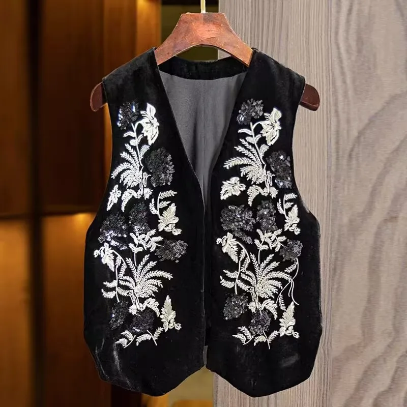 Women\'s Vest Lady Vests New Embroidered Chinese Vest Female Autumn and Winter High-end Vest Black Vest Coat Sleeveless Coat