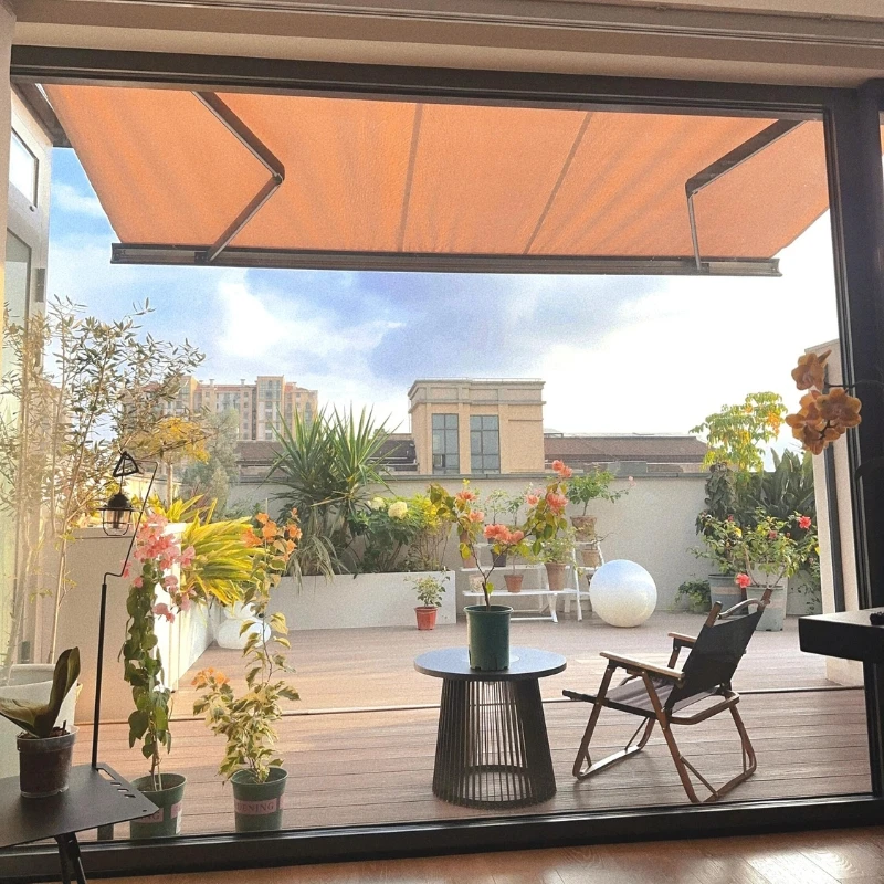 Aluminum Retractable Awning Full Box Type Motorized with LED Lights & Rainproof Design for Balcony & Terrace Luxury Style