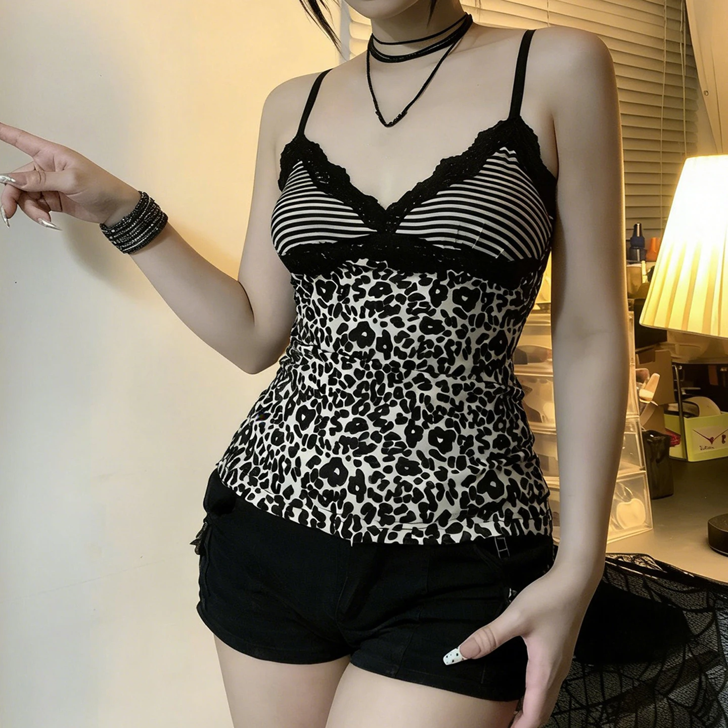 [RUOKE] Sexy Lace Camisole Top Women Spring Summer Leopard Patchwork Spaghetti Strap Y2K Tank Top Streetwear Daily Casual Outfit