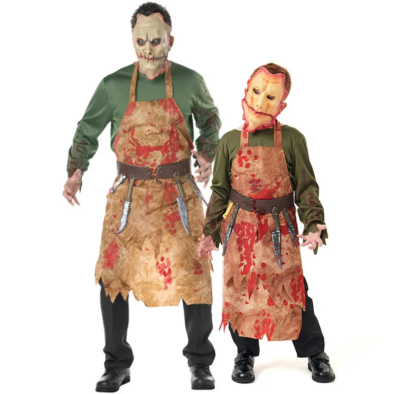 4PCS Set Kids Boys Scary Halloween Cosplay Men Bloody Butchers Zombie Costume Adult Bloody Chef Butchers Costumes With Mask Kits