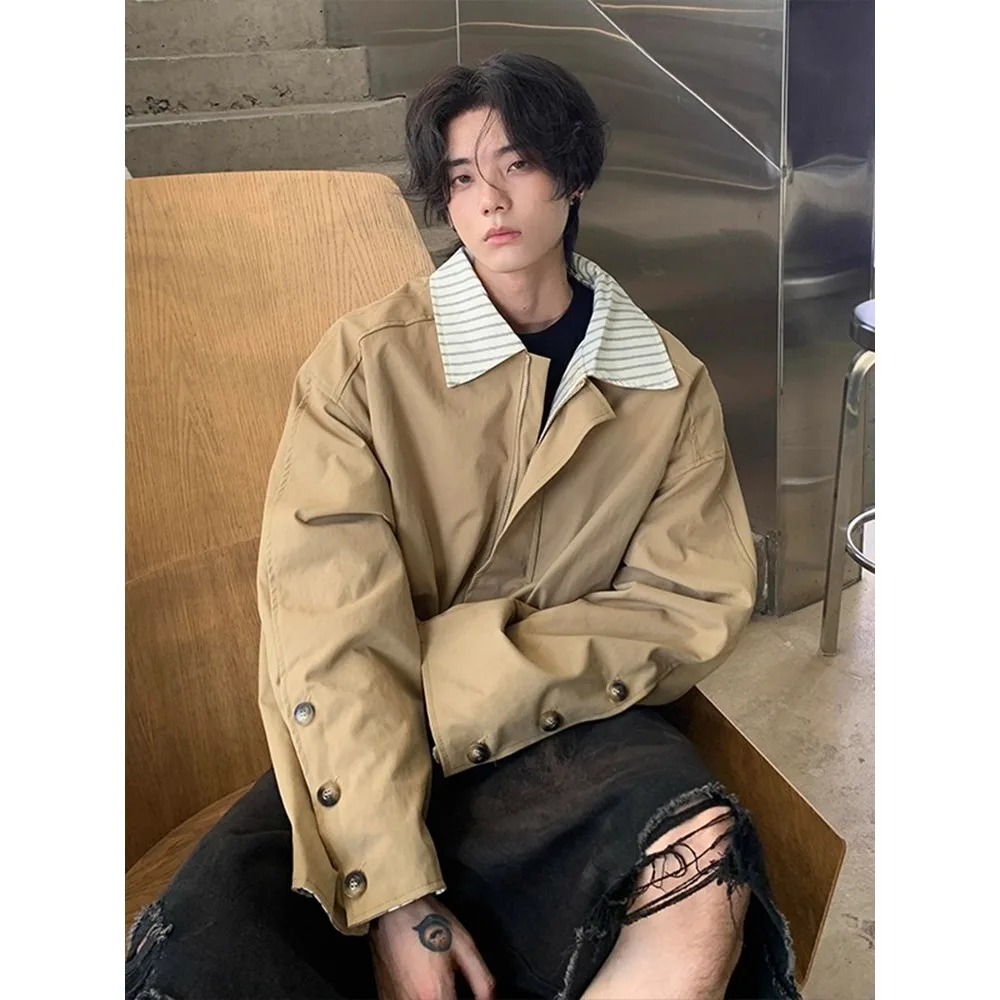 

Retro Korean Sle Patchwork Striped Flip-Collar Jaet Men's Casual Loose Outerwear Autumn Season Versatile Comfortable Coat
