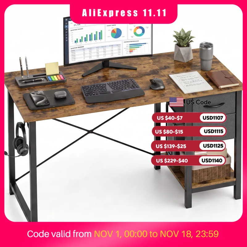 MCQ 47 Inch Standing Office Computer Desk with Drawers and Side Hook Ergonomic Gaming Desk With Storage X‑Frame Stability For Home Office Small Space