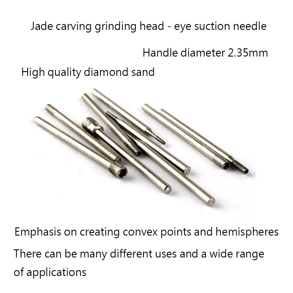 

10pcs Concave Grinding Needle Emery Grinding Head 0.8mm-5mm Eye Suction Needle Emery Carving Head 2.35 Shank Jade Carving Tool