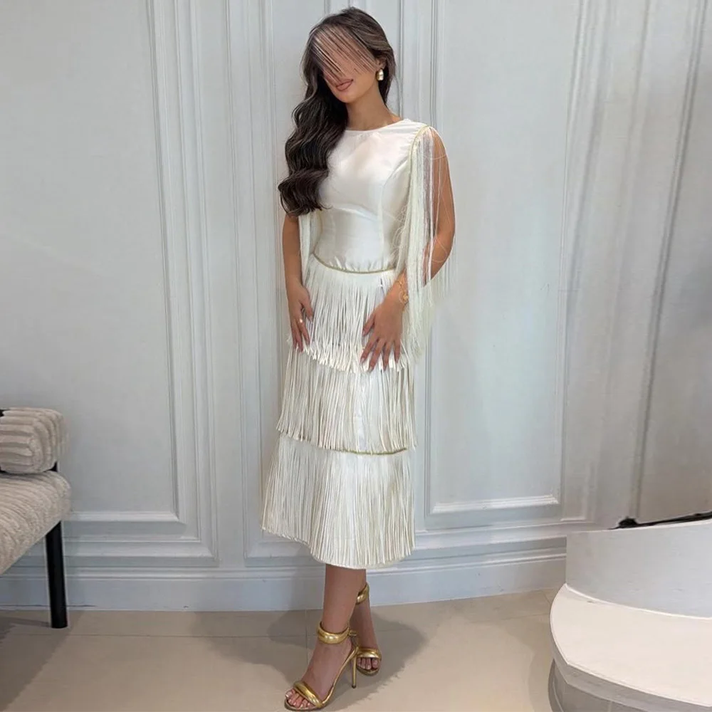 Delicate Crew Neck Tassel Evening Dress Customized A-Line Sleeveless Tiered Party Dress Elegant Tea Length Celebrity Gowns