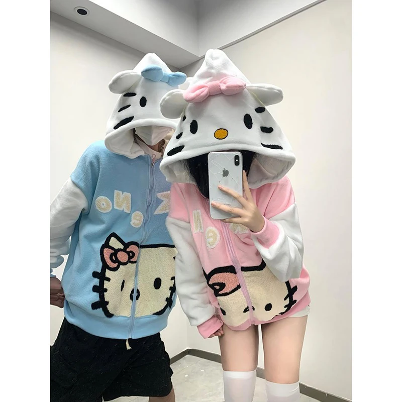 Sanrio Hello Kitty Lamb Fleece Hooded Sweatshirt Anime Cartoon Kitty Zipper Jacket Female Loose Winter Student Couple Sweater