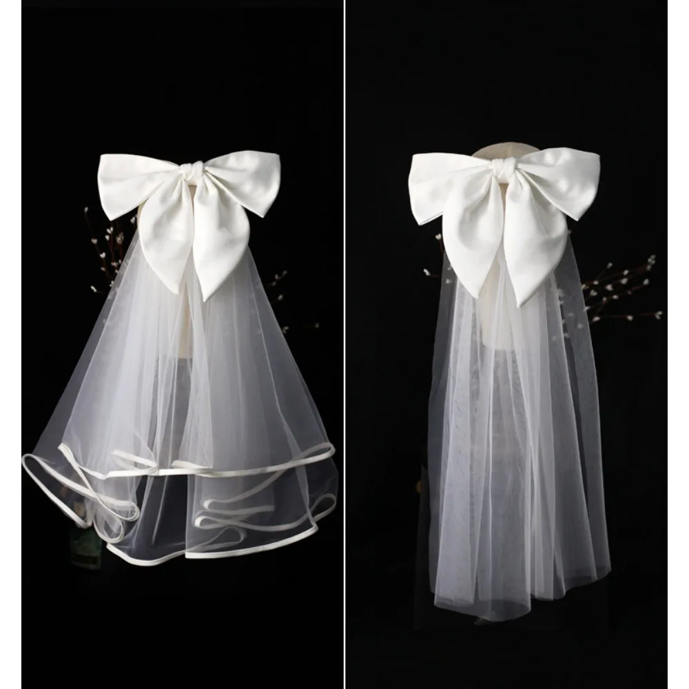 

Wedding Veil with Comb 2025 Elegant Satin Bowknot Short Bridal Veils Soft Tulle Shoulder Length