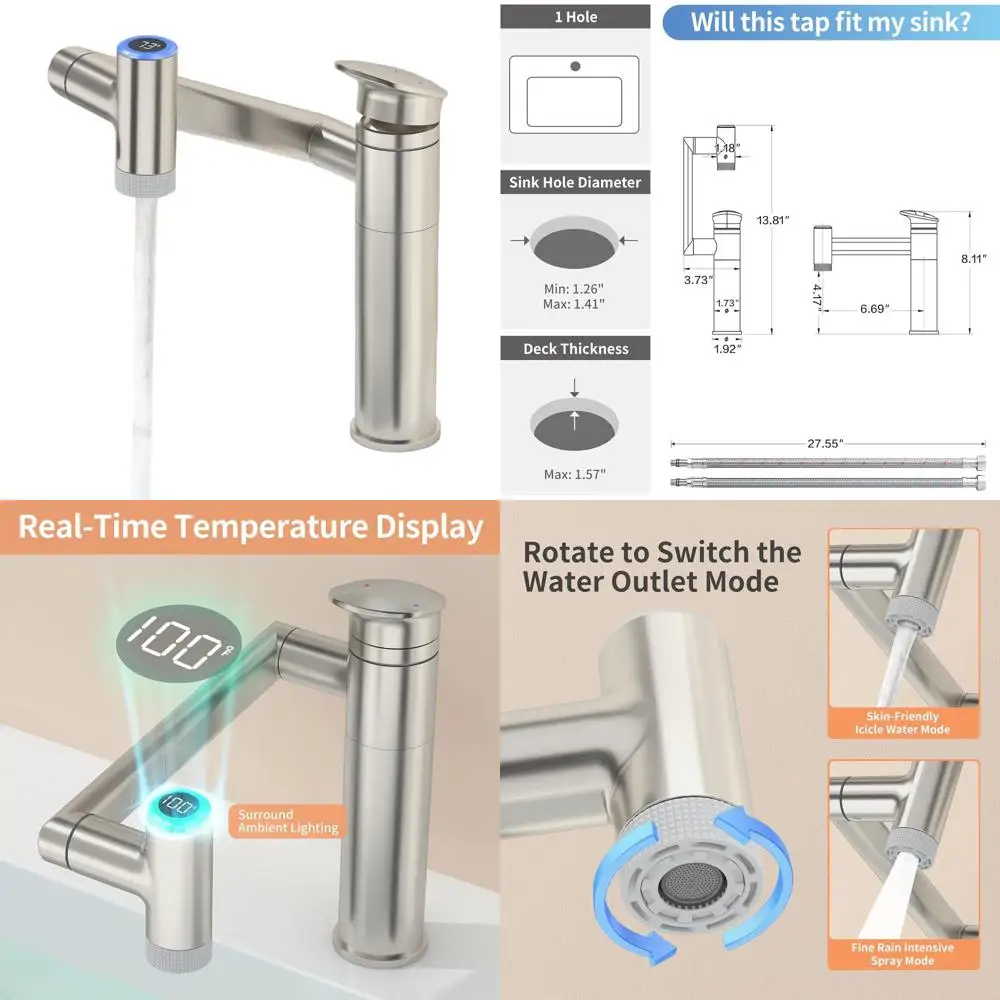 

Adjustable Height Single Handle Bathroom Sink Faucet with 2 Modes and Temperature Display - Brushed Nickel