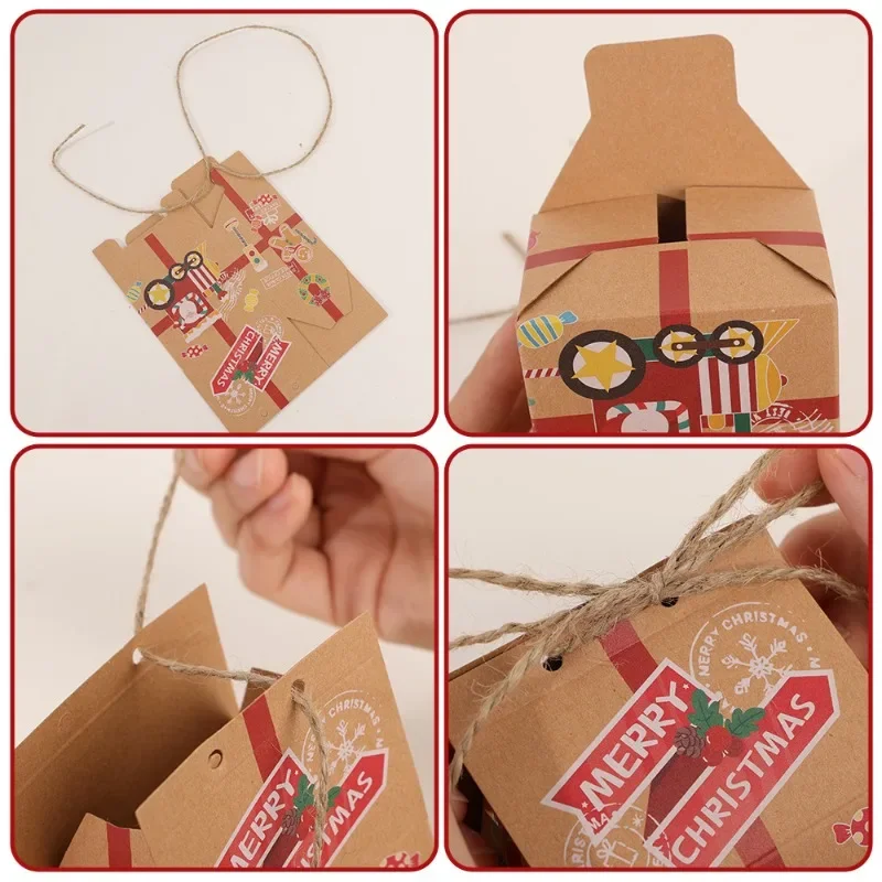 Caja de regalo de dulces de Feliz Navidad con etiqueta, bolsas de embalaje de regalo de galletas de papel Kraft para decoración del hogar, caja de regalo de Año Nuevo, 6/1 Uds.